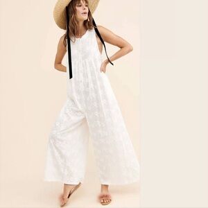 Free People White Flower Embroidered Wide Leg Cotton Sleeveless Jumpsuit